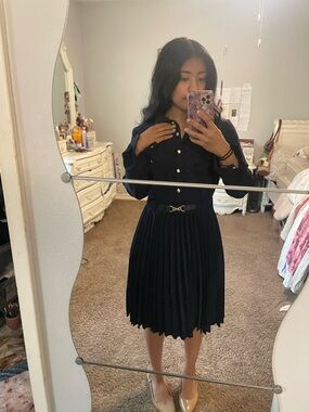 Classic Navy Pleated Shirtdress with Belt